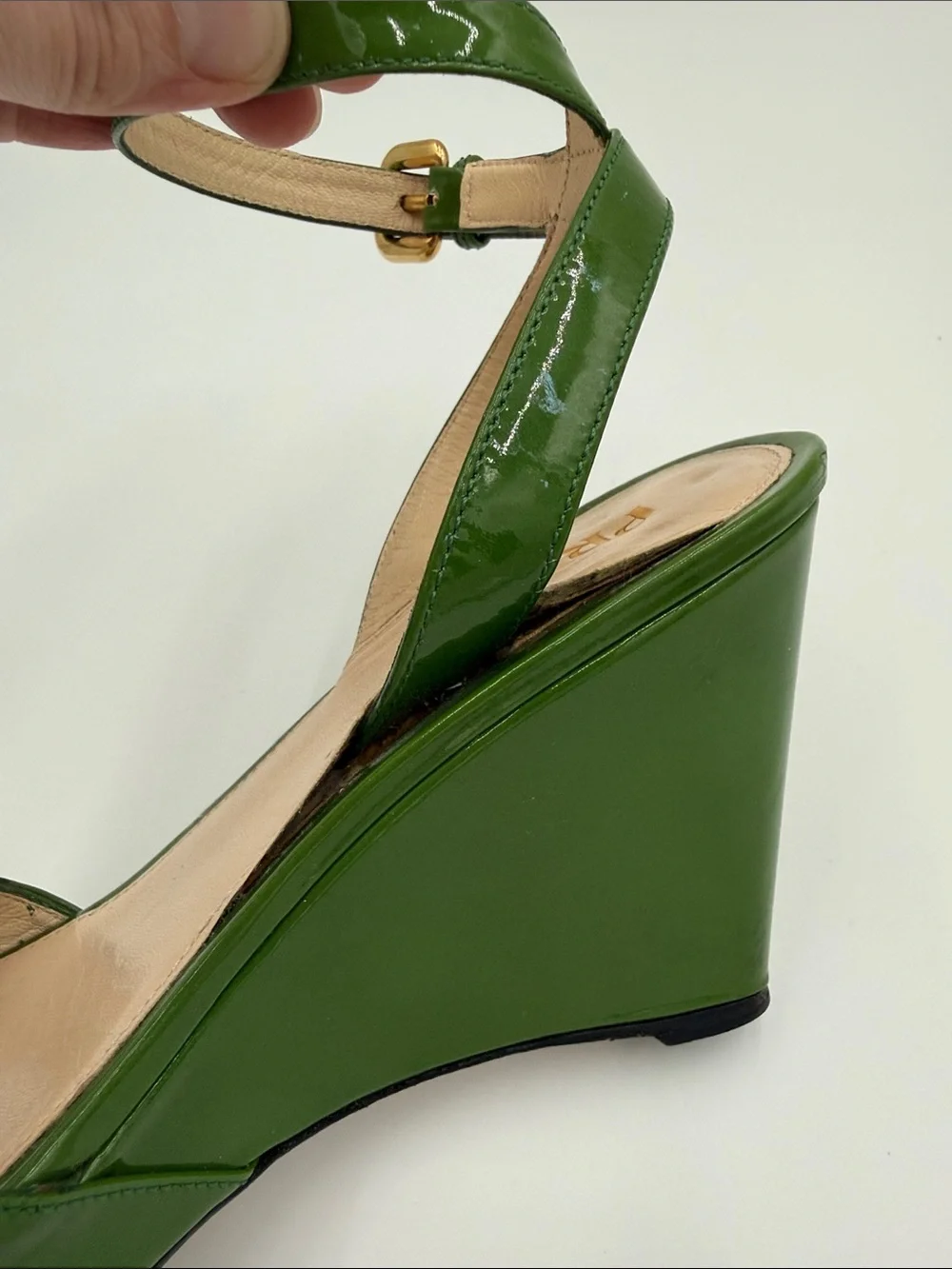 Prada Patent Green Wedge Sandals with Ankle Strap